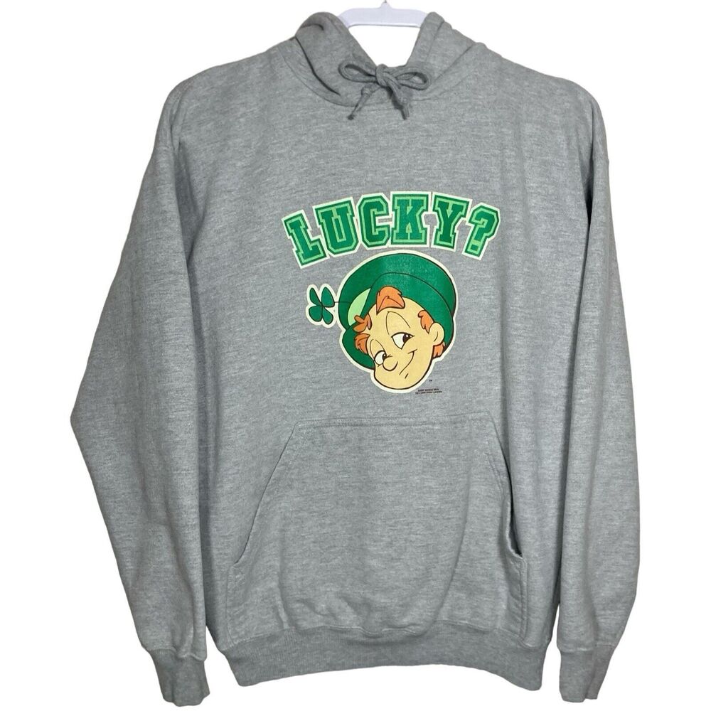 Vintage Lucky Charms Hoodie Mens M Gray Leprechaun Graphic Stoner Y2K Promo Cute